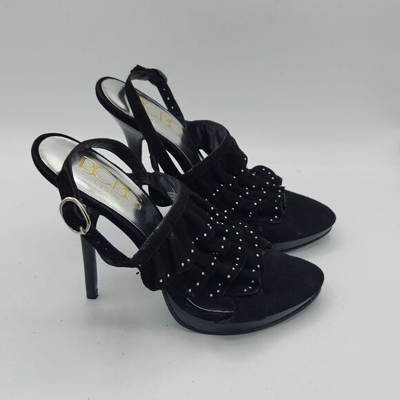BCBG Paris Black leather upper ruffle metal silver studs Ankle strap stilettos - Picture 2 of 8